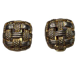 Vintage Basketweave Clip On Earrings Lattice Woven Square u